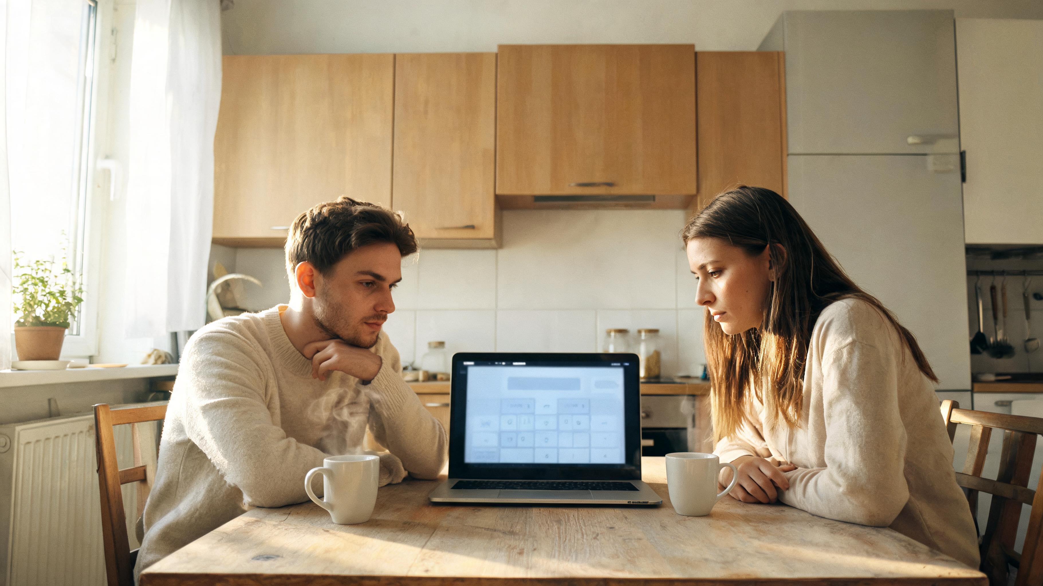 Um jovem casal sentado à mesa da cozinha em um apartamento modesto em Estocolmo, com um laptop aberto exibindo uma calculadora de empréstimo bancário, luz da manhã através de uma janela, xícaras de café próximas, ambos parecendo focados, mas tranquilos.