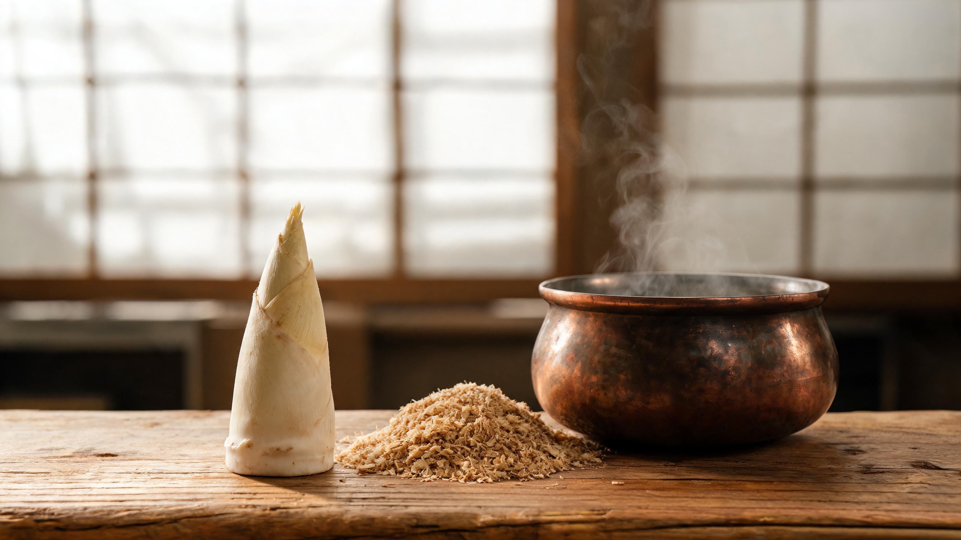 Um close-up de um broto de bambu, creme claro e cônico, repousando em um balcão de madeira próximo a uma pilha de farelo de arroz e uma panela de cobre de água fervente, luz suave através de uma tela de shoji de papel ao fundo.