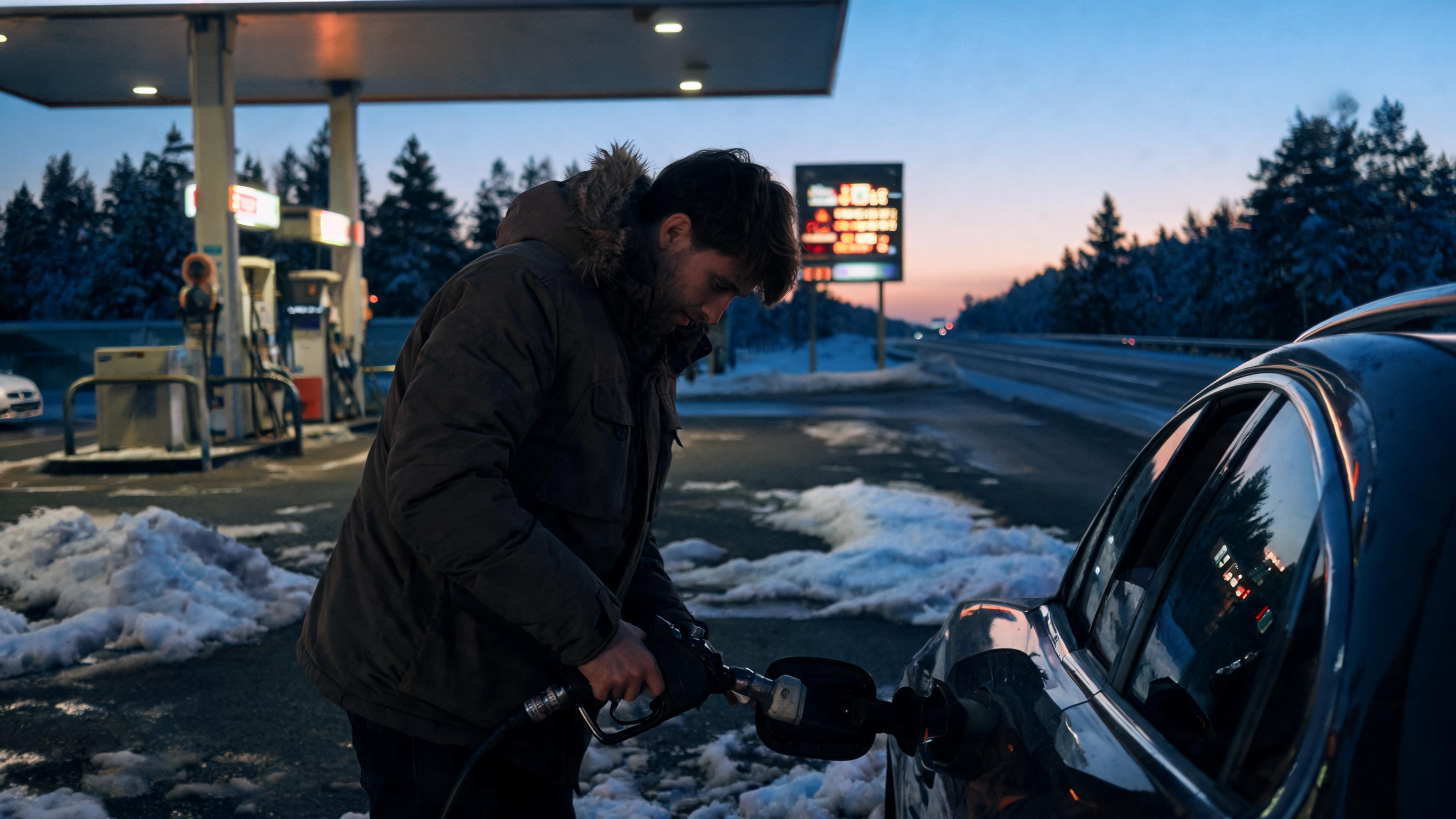 Um posto de gasolina em uma rodovia sueca ao entardecer, exibição de preços visível à distância mas não legível, um motorista com jaqueta de inverno abastecendo um carro, manchas de neve no chão.