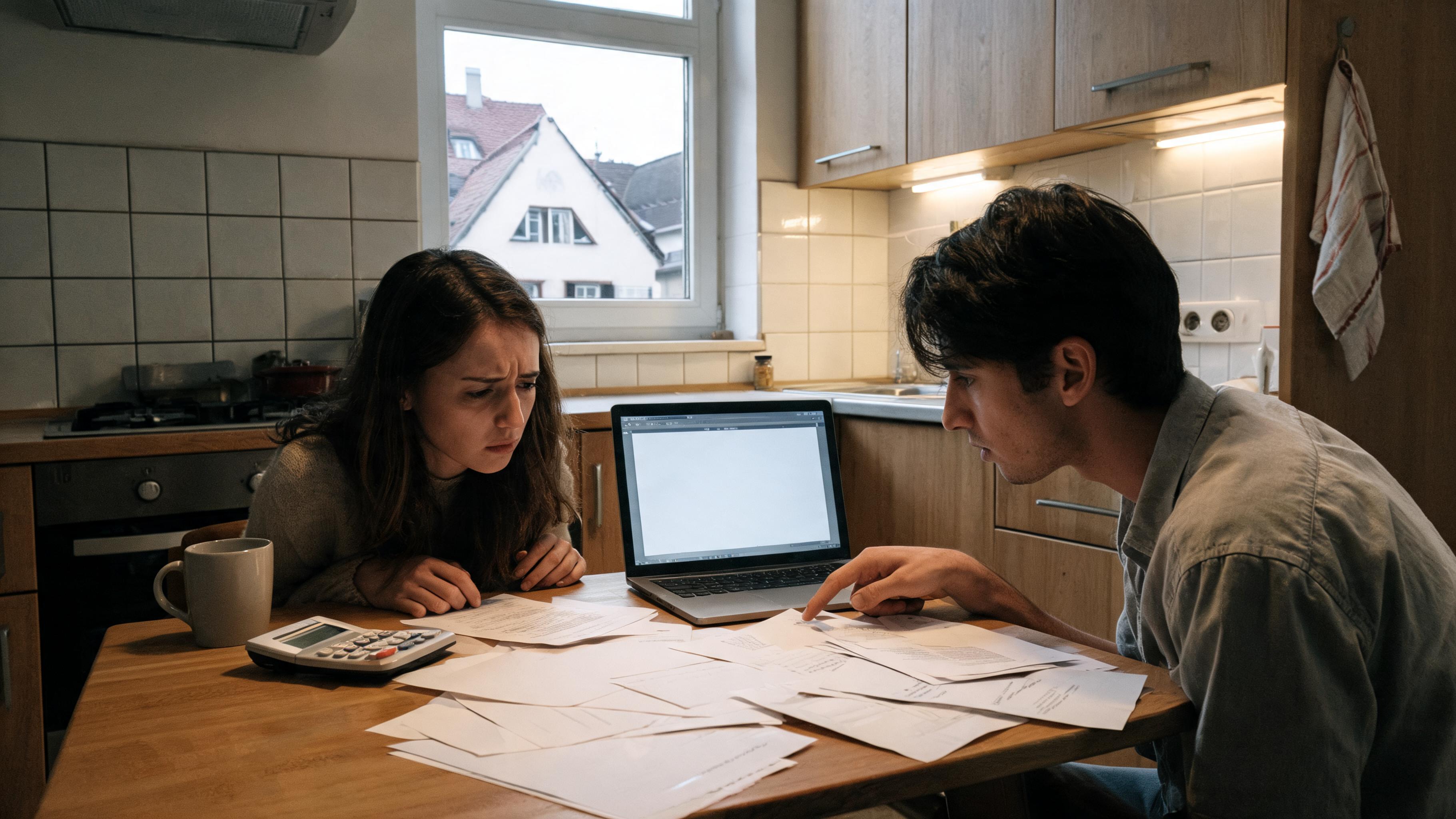 Um jovem casal sentado à mesa da cozinha em um pequeno apartamento em Zurique, laptop aberto, calculadora e listagens de aluguel impressas espalhadas, comparando números com preocupação visível.
