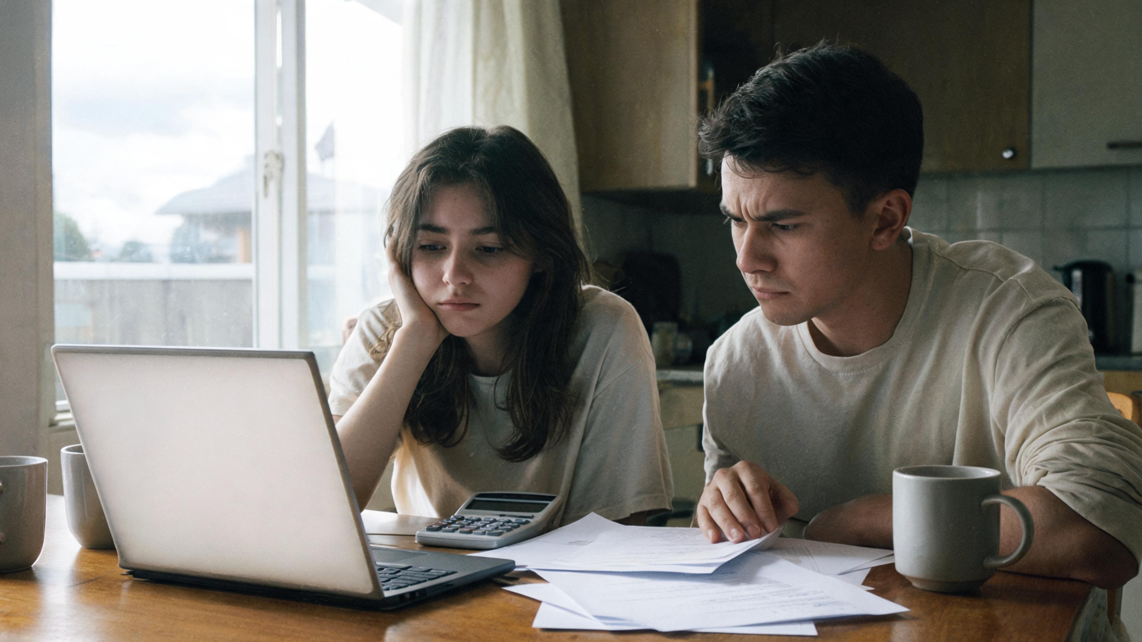 Close de um jovem casal sentado à mesa da cozinha em Auckland, laptop aberto, calculadora e documentos de hipoteca espalhados, luz natural da janela, expressões realistas e levemente cansadas.