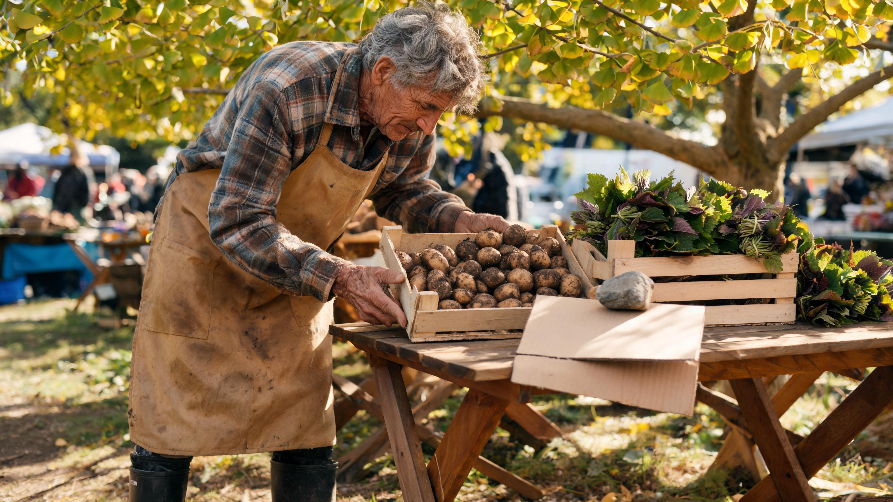 Um agricultor idoso de avental de lona e botas de borracha organizando pequenas caixas de madeira de batatas novas cobertas de terra e folhas de shiso em uma mesa dobrável em um mercado ao ar livre, uma placa de papelão escrita à mão presa por uma pedra, a luz da manhã atravessando uma árvore de ginkgo próxima.